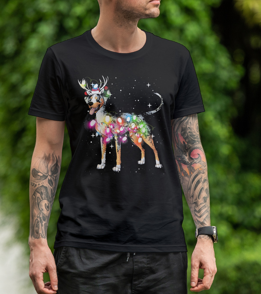 Festive Catahoula Leopard Dog With Christmas Lights And Reindeer Antlers T-Shirt