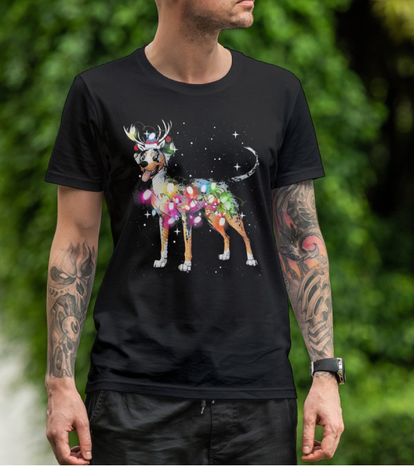 Festive Catahoula Leopard Dog With Christmas Lights And Reindeer Antlers T-Shirt