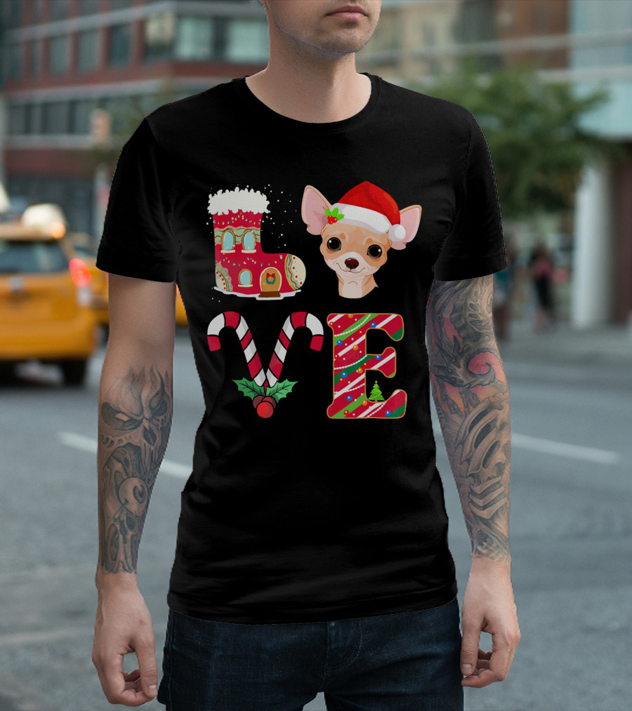 I Love My Chihuahua Christmas Theme With Santa Hat And Holiday Decorations T-Shirt
