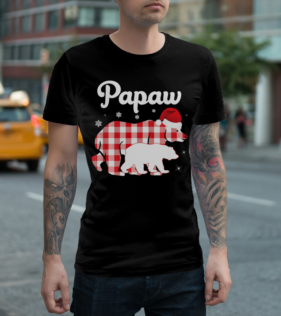 Papaw Red Plaid Bear Santa Hat Snowflakes Matching Family Pajama T-Shirt
