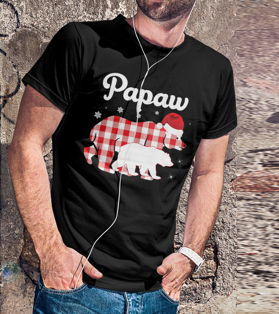 Papaw Red Plaid Bear Santa Hat Snowflakes Matching Family Pajama T-Shirt