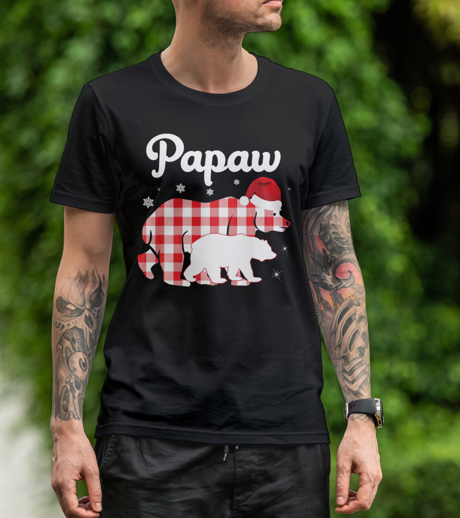Papaw Red Plaid Bear Santa Hat Snowflakes Matching Family Pajama T-Shirt