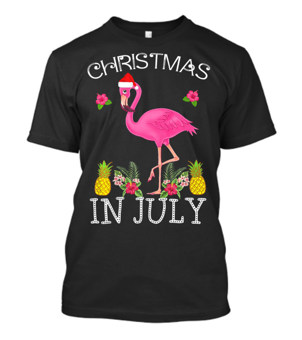 Christmas In July Pink Flamingo Santa Hat Pineapples Floral T-Shirt