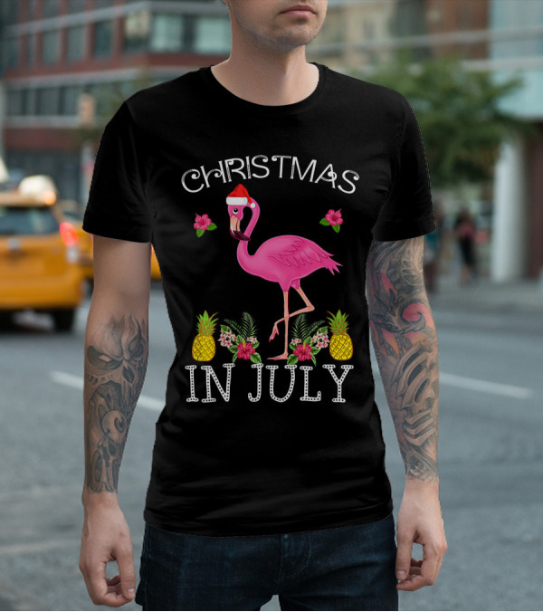 Christmas In July Pink Flamingo Santa Hat Pineapples Floral T-Shirt