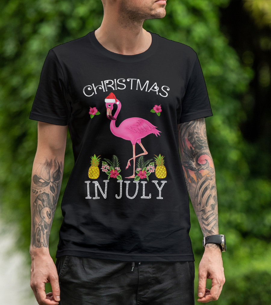 Christmas In July Pink Flamingo Santa Hat Pineapples Floral T-Shirt