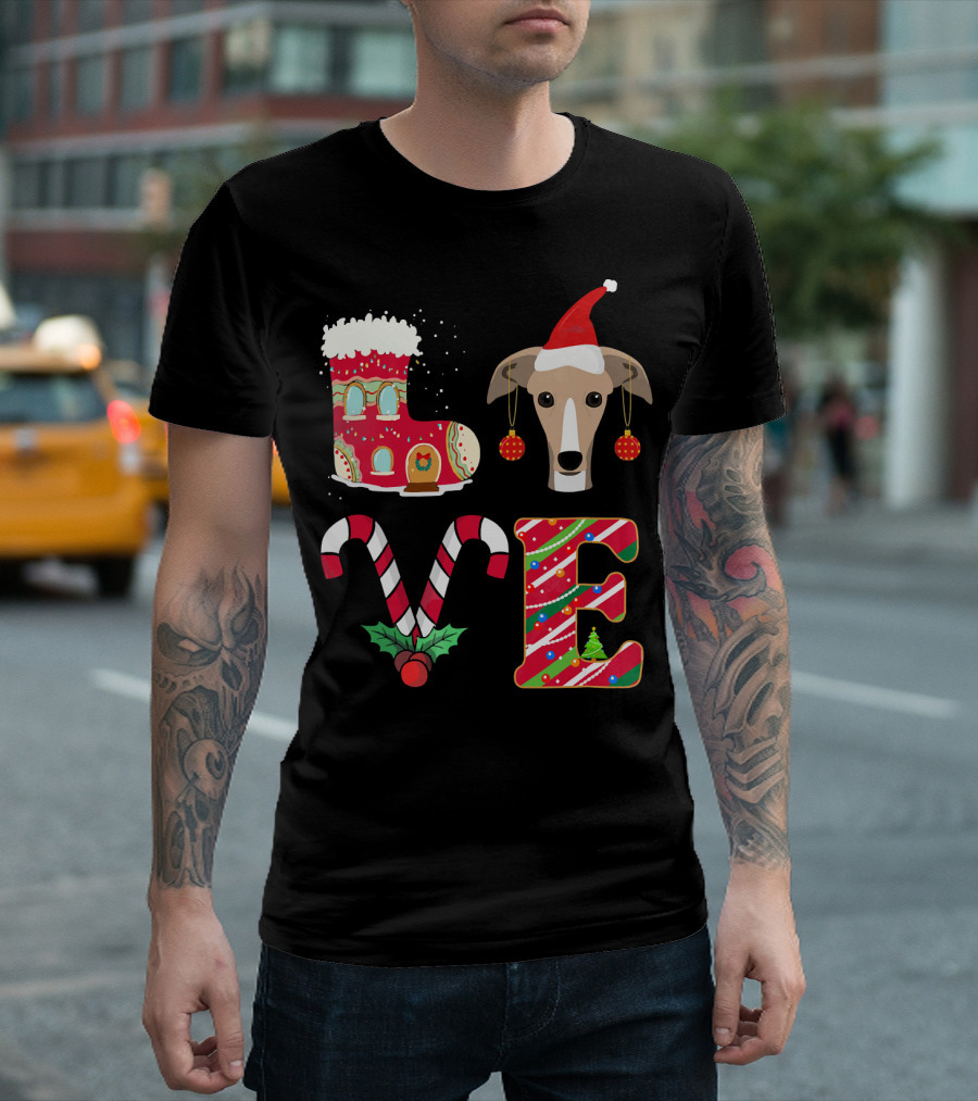 I Love My Greyhound Christmas Love Gingerbread Stocking Santa Hat Candy Cane Ornaments T-Shirt