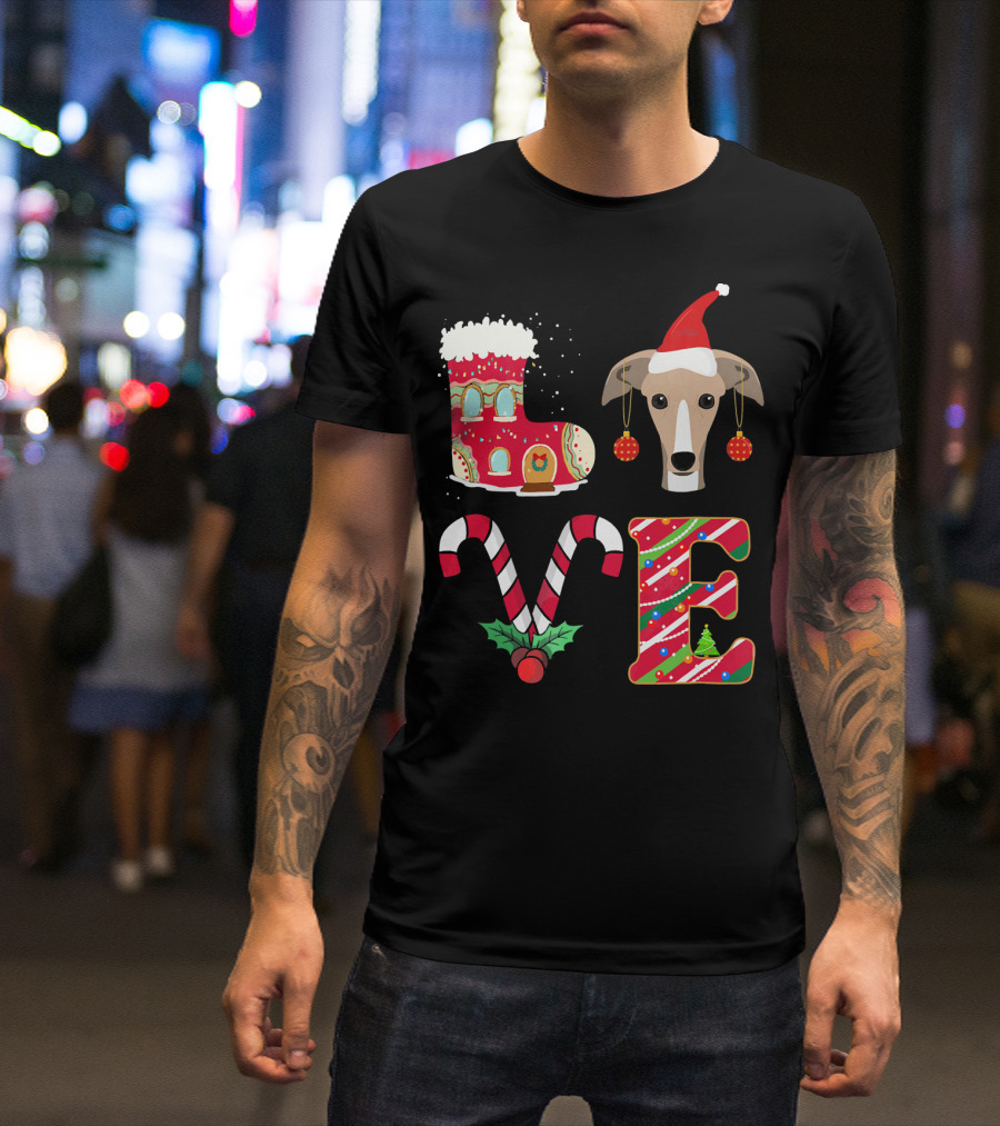 I Love My Greyhound Christmas Love Gingerbread Stocking Santa Hat Candy Cane Ornaments T-Shirt