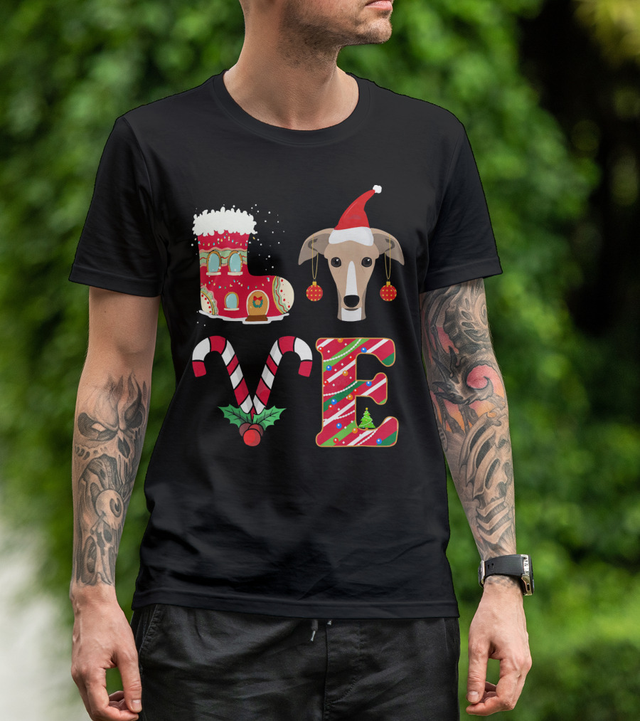 I Love My Greyhound Christmas Love Gingerbread Stocking Santa Hat Candy Cane Ornaments T-Shirt
