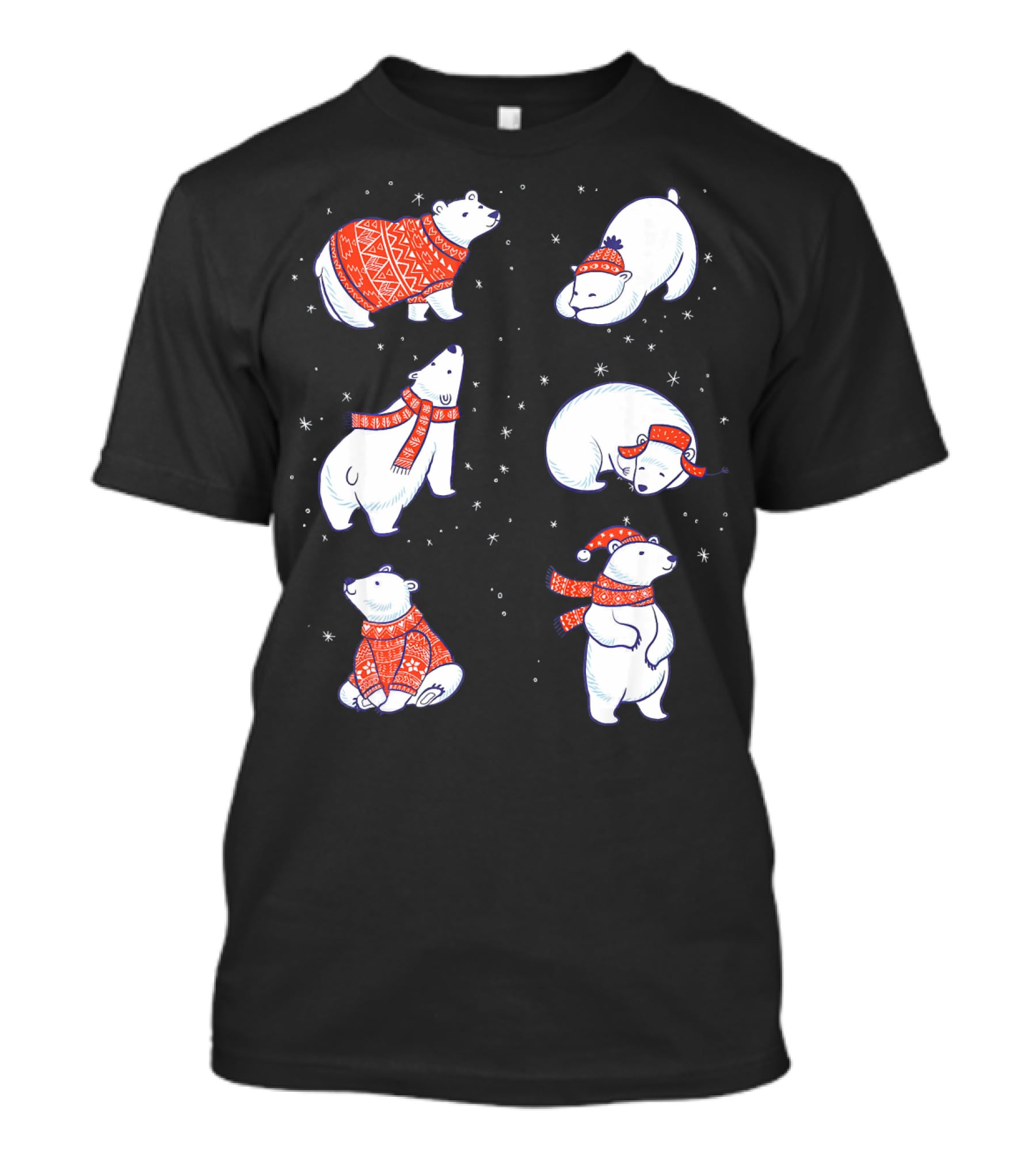 Cute Hand Drawn Polar Bear In Festive Red Sweaters And Scarves T-Shirt