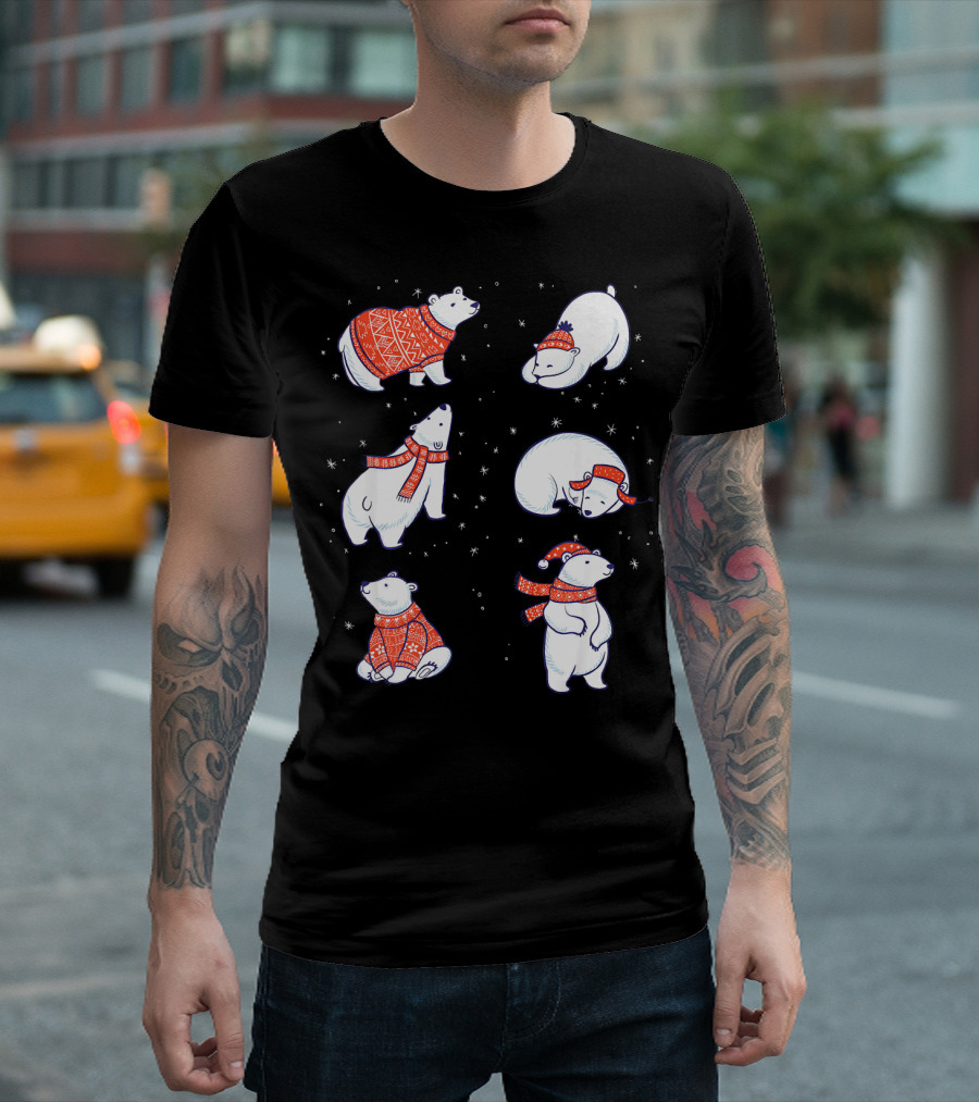 Cute Hand Drawn Polar Bear in Festive Red Sweaters and Scarves T-Shirt