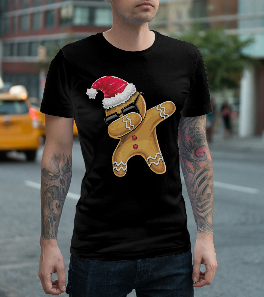 Santa Hat Dabbing Gingerbread Man Holiday Baking T-Shirt