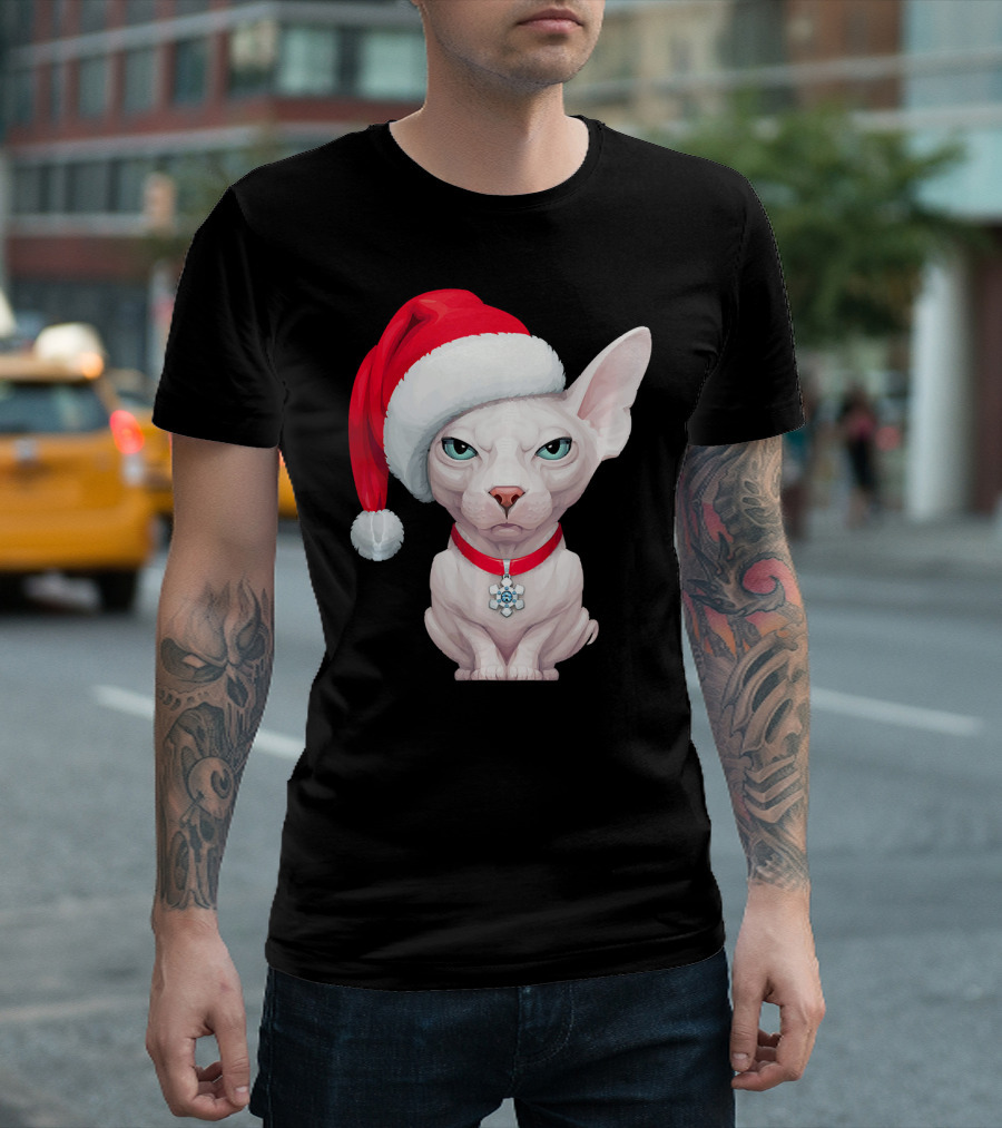 Sphynx Cat Santa Hat Christmas Holiday Festive Pet Charm T-Shirt