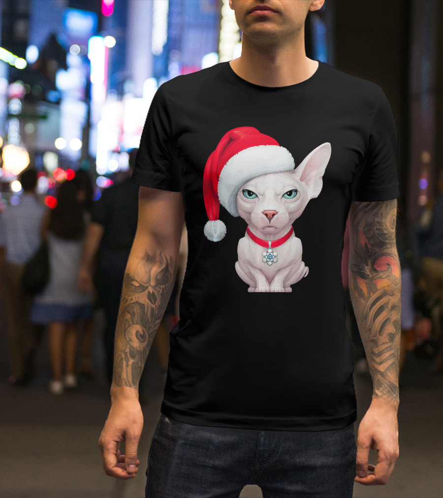 Sphynx Cat Santa Hat Christmas Holiday Festive Pet Charm T-Shirt