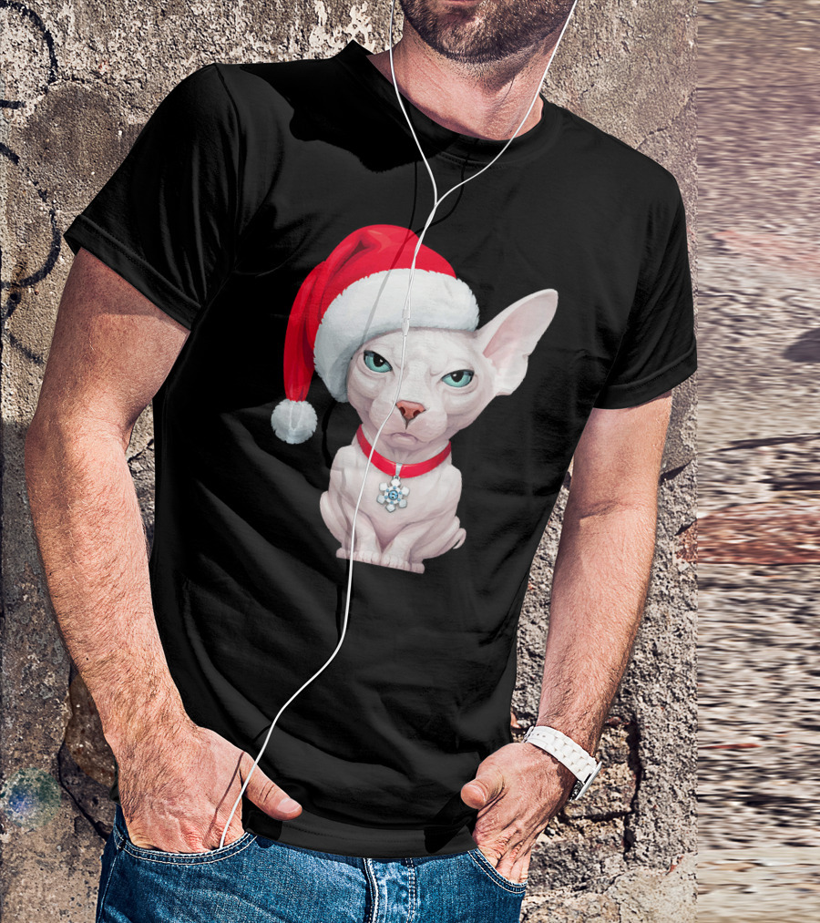 Sphynx Cat Santa Hat Christmas Holiday Festive Pet Charm T-Shirt
