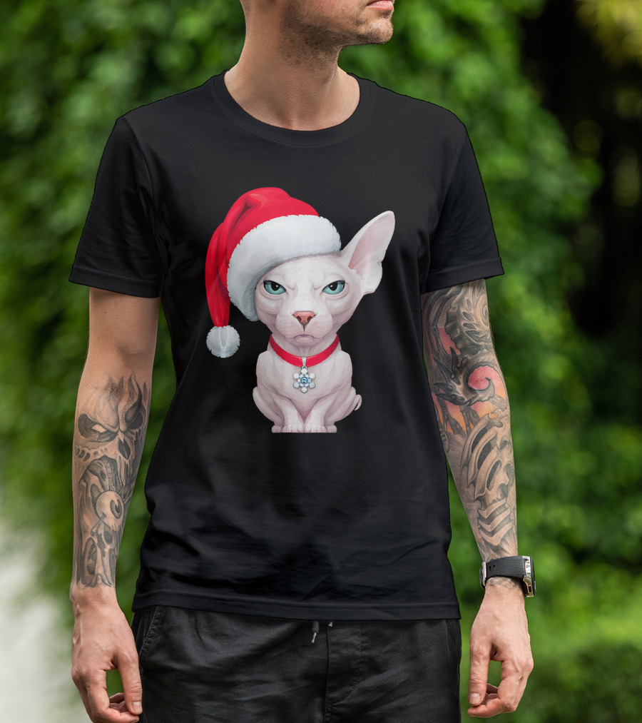 Sphynx Cat Santa Hat Christmas Holiday Festive Pet Charm T-Shirt