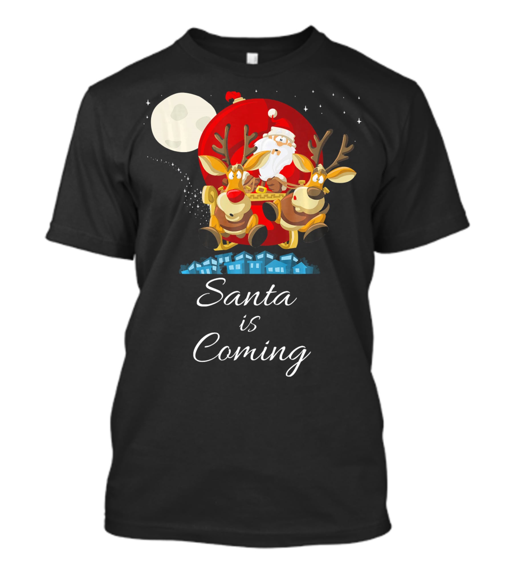 Santa Is Coming With Reindeer Sleigh Under The Moonlight T-Shirt