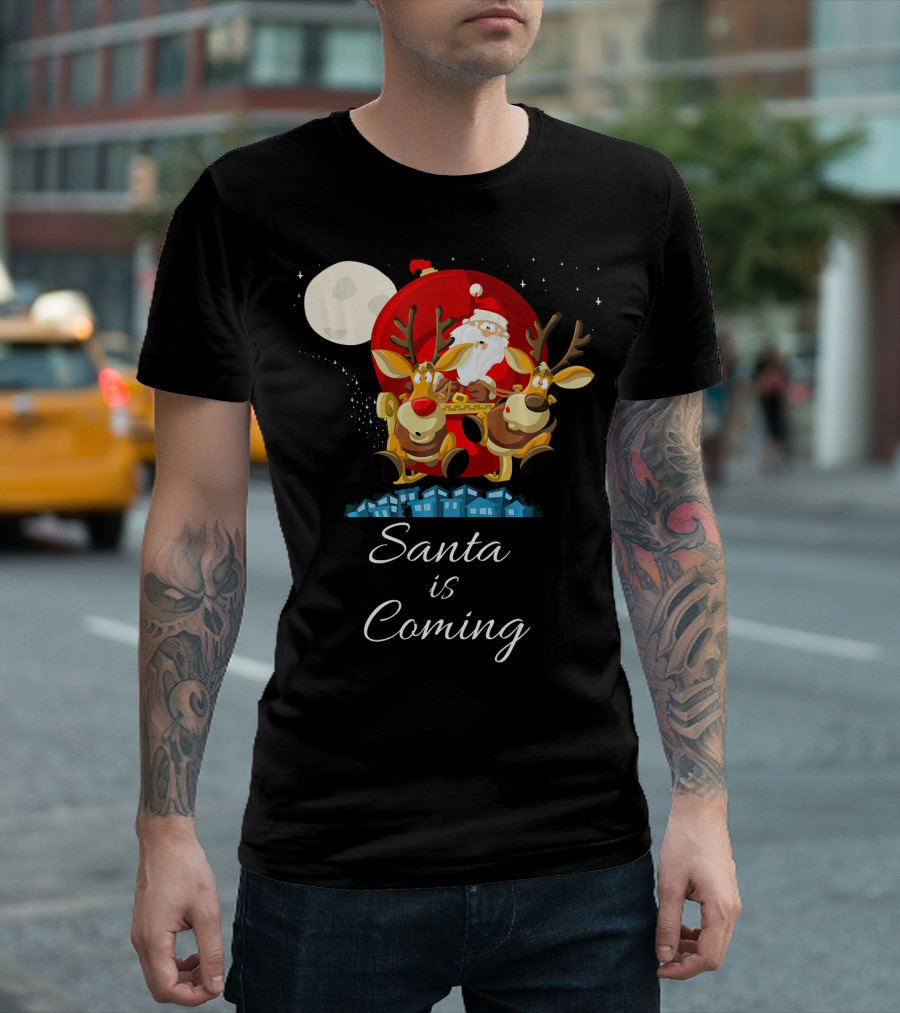 Santa Is Coming with Reindeer Sleigh Under the Moonlight T-Shirt
