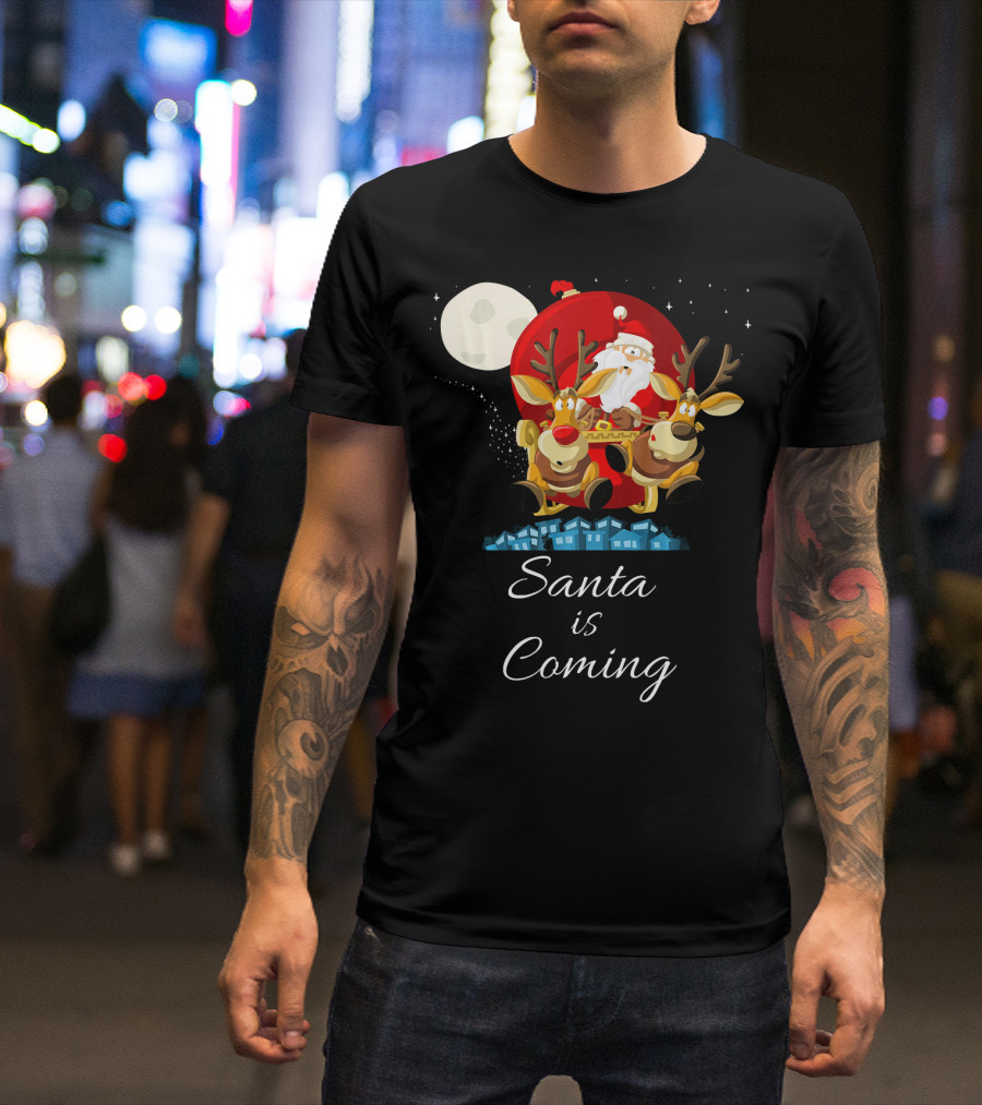 Santa Is Coming With Reindeer Sleigh Under The Moonlight T-Shirt