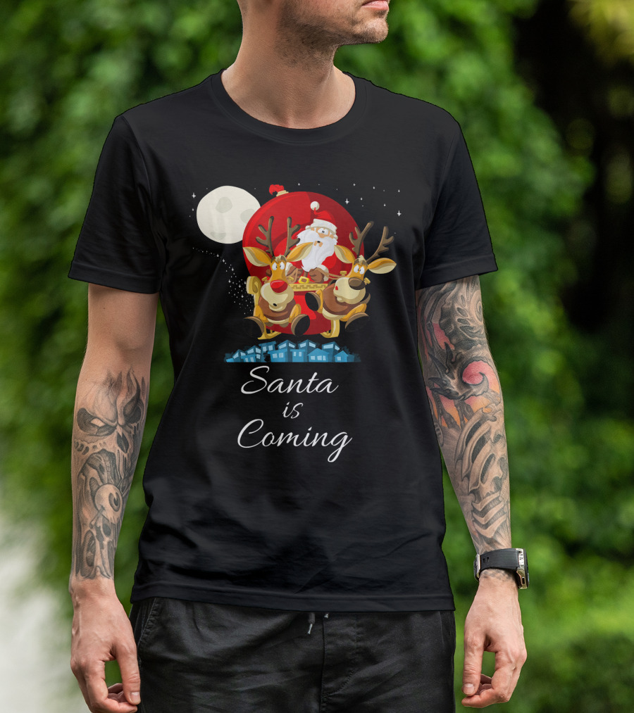Santa Is Coming With Reindeer Sleigh Under The Moonlight T-Shirt