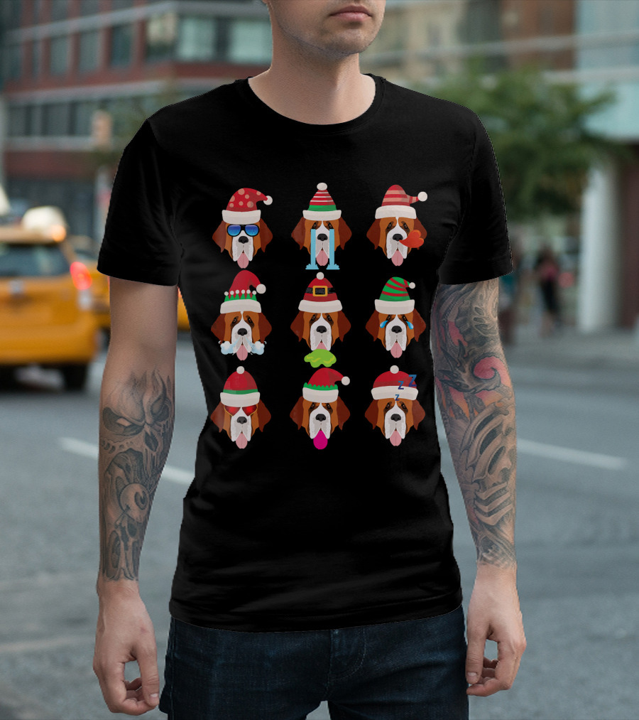 SAINT BERNARD Dog Faces Santa Hat Christmas Expressions T-Shirt