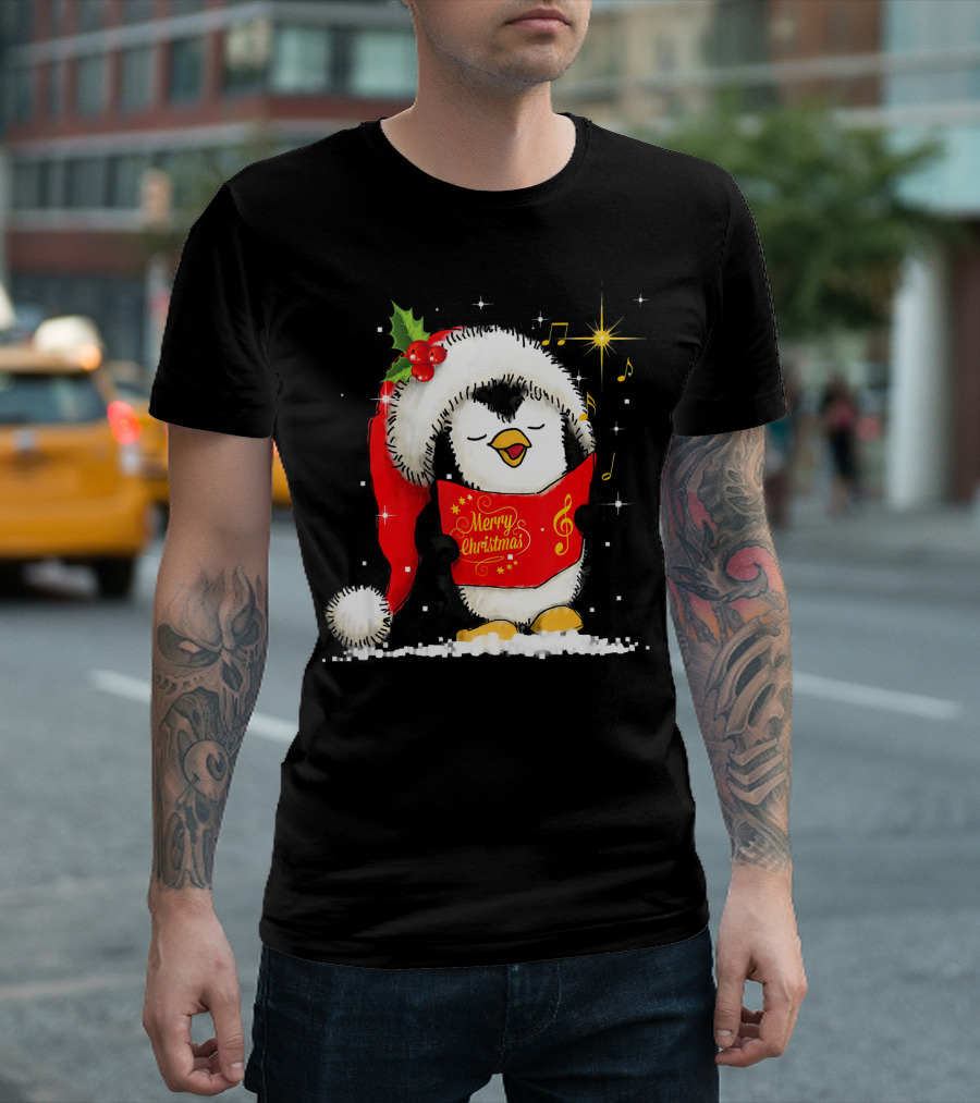 Tee89s Penguin Merry Christmas Song With Santa Hat And Music Notes T-Shirt