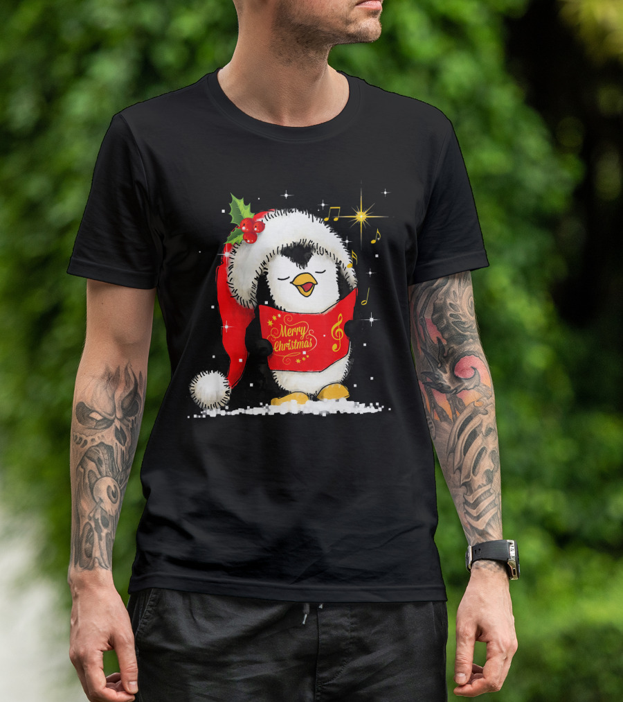 Tee89s Penguin Merry Christmas Song With Santa Hat And Music Notes T-Shirt