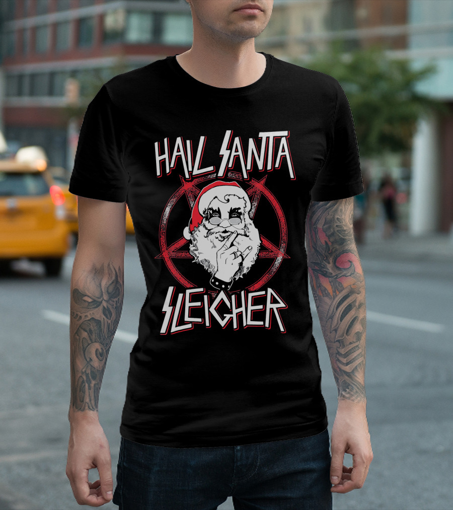 Hail Santa Sleigher Funny Christmas Santa Rock Metal Holiday T-Shirt
