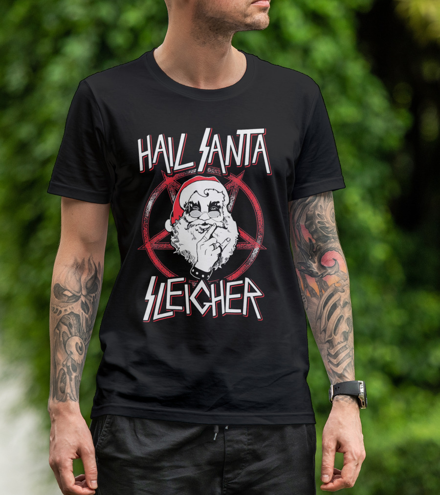 Hail Santa Sleigher Funny Christmas Santa Rock Metal Holiday T-Shirt