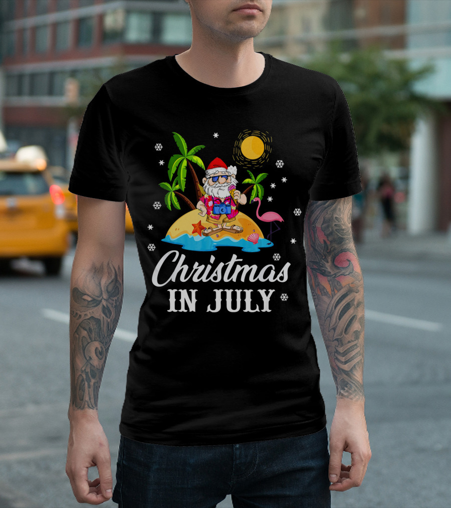 Christmas In July Flamingo Santa On Tropical Island With Palm Trees And Sun T-Shirt