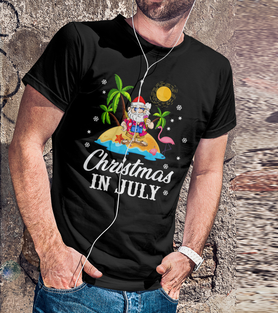 Christmas In July Flamingo Santa On Tropical Island With Palm Trees And Sun T-Shirt