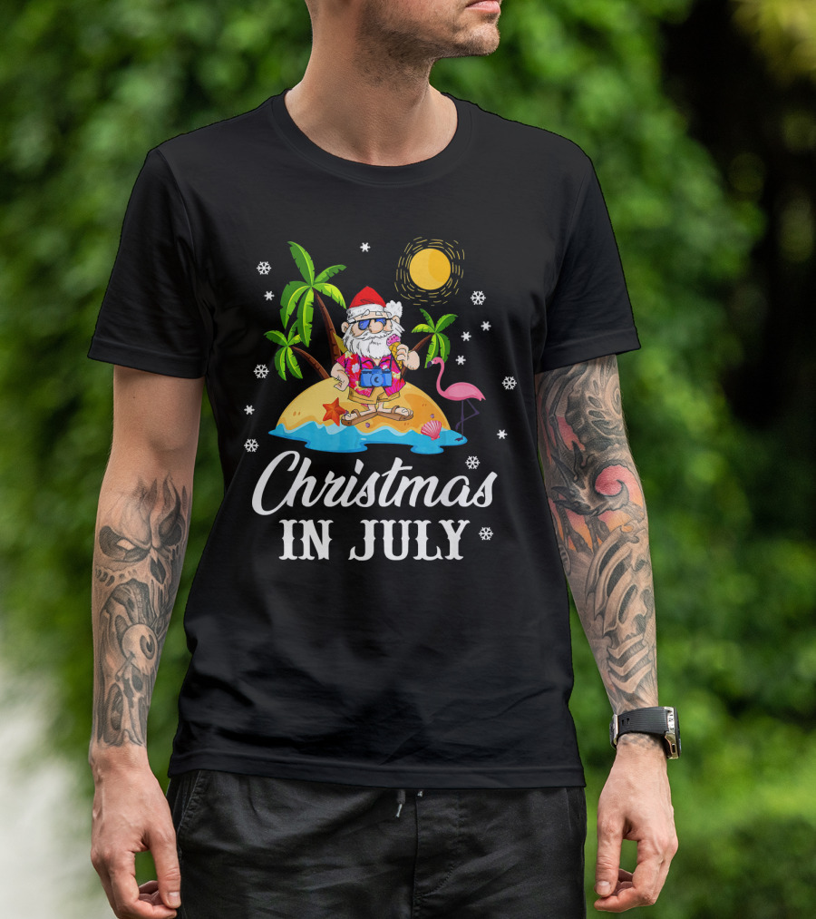 Christmas In July Flamingo Santa On Tropical Island With Palm Trees And Sun T-Shirt