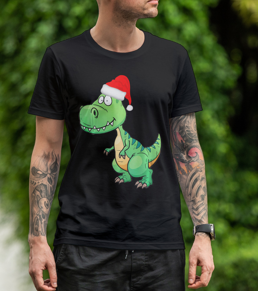 Santa Dinosaur Christmas T-Rex With Santa Hat T-Shirt