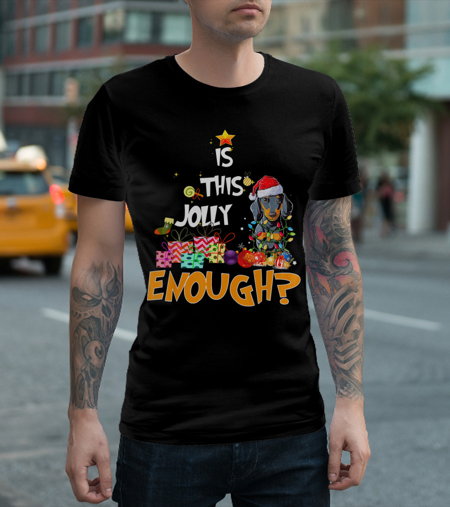 Is This Jolly Enough Dachshund Christmas Lights Santa Hat Gifts T-Shirt