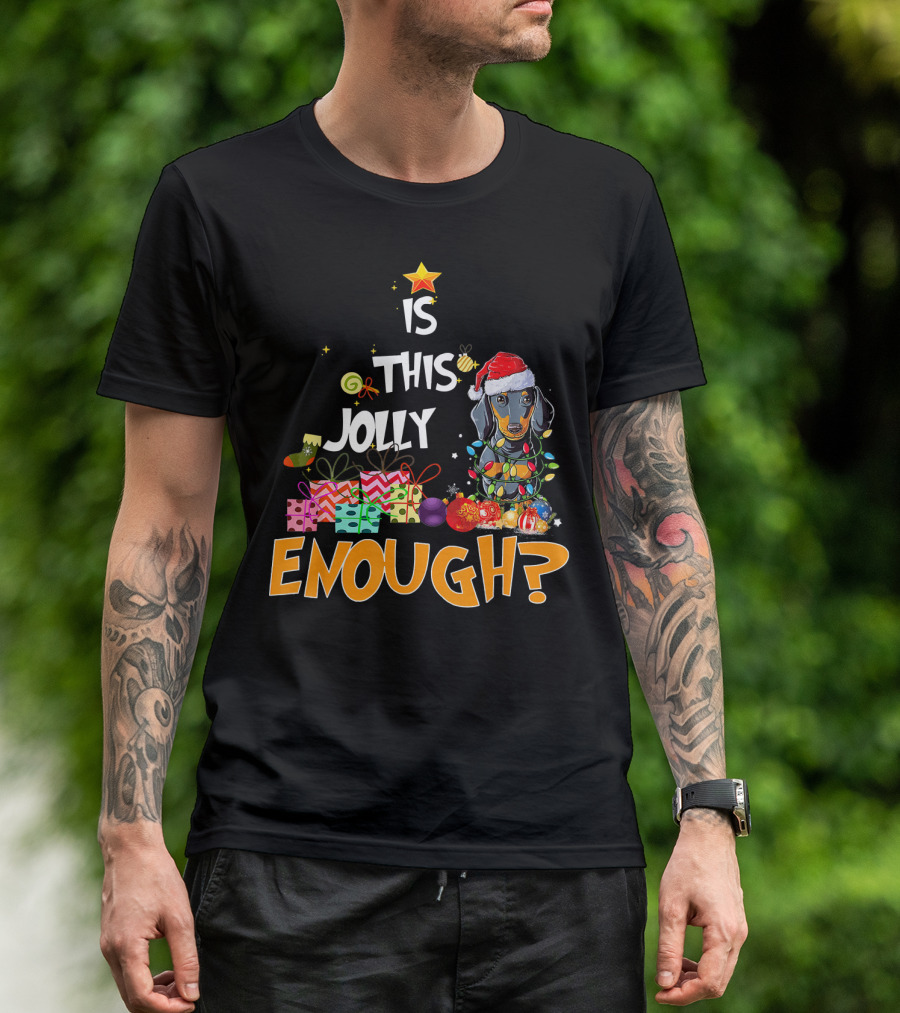 Is This Jolly Enough Dachshund Christmas Lights Santa Hat Gifts T-Shirt