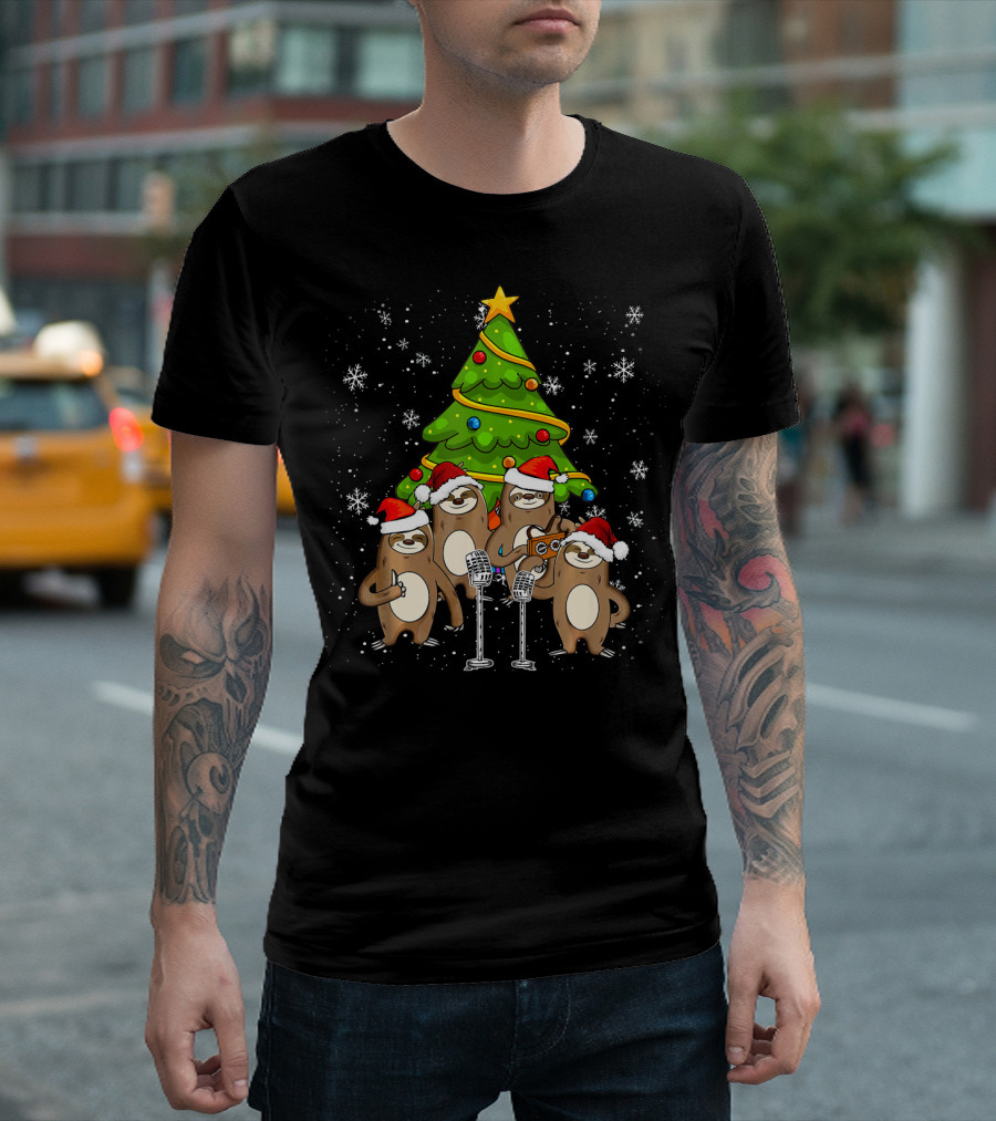 Santa Sloths Singing Festive Cheer Around Christmas Tree T-Shirt