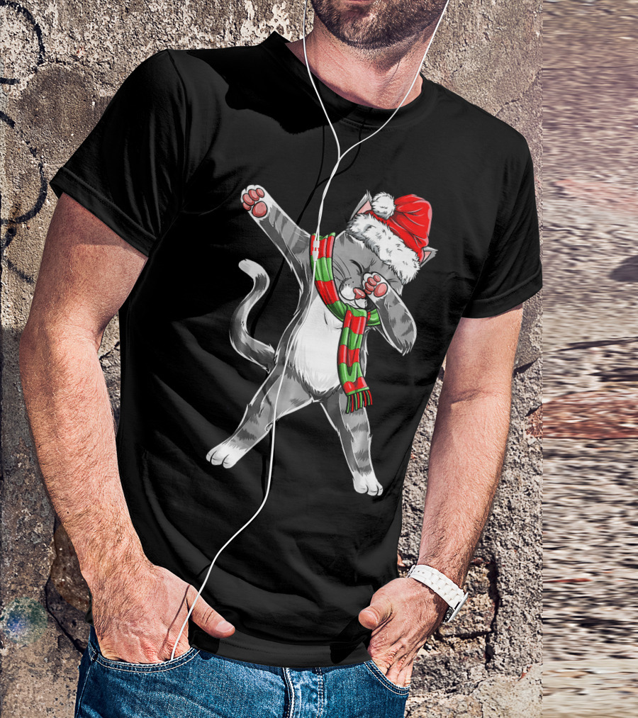 Dabbing Cat Santa Christmas Kids Bo Kitty Santa Hat Green Red Scarf T-Shirt