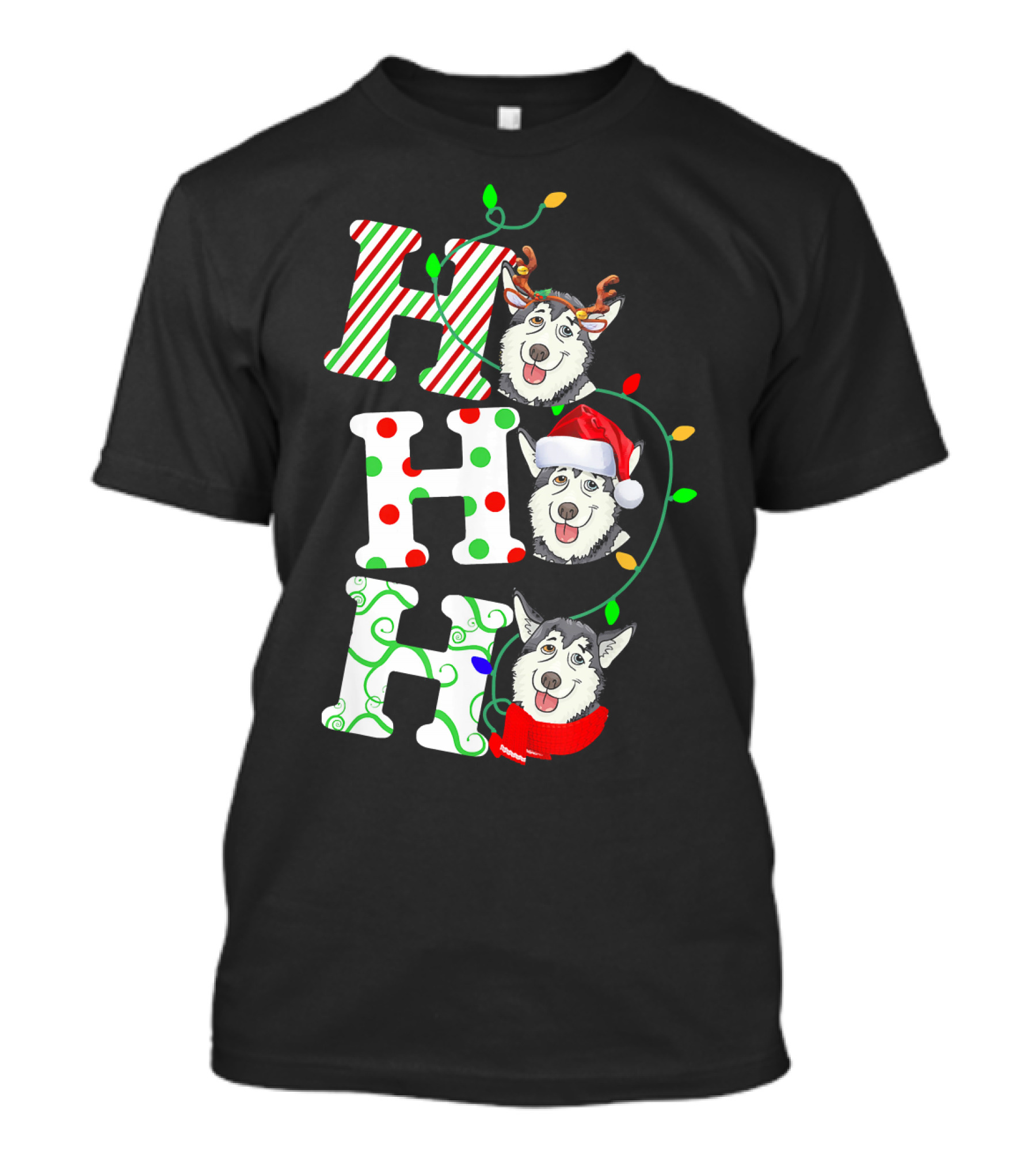 Ho Ho Ho Husky Santa Hat Reindeer Antlers Christmas Lights T-Shirt