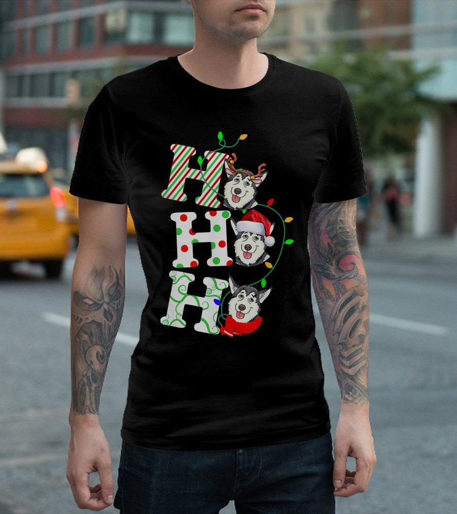Ho Ho Ho Husky Santa Hat Reindeer Antlers Christmas Lights T-Shirt