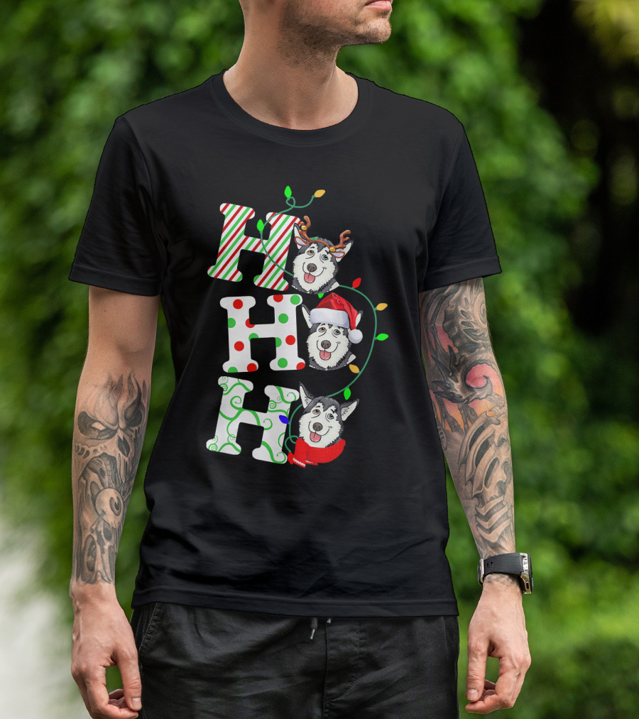 Ho Ho Ho Husky Santa Hat Reindeer Antlers Christmas Lights T-Shirt