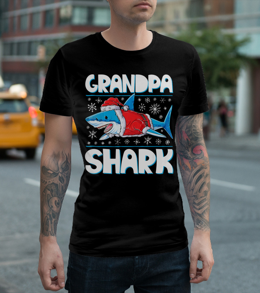 Grandpa Shark in Santa Hat with Snowflakes T-Shirt