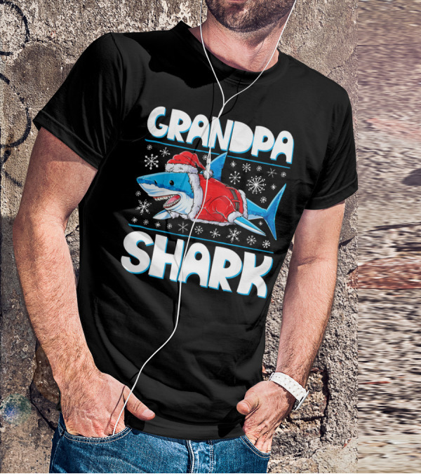 Grandpa Shark In Santa Hat With Snowflakes T-Shirt