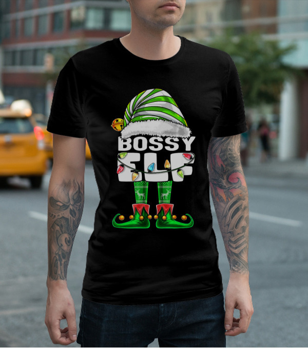 Bossy Elf Christmas Family Matching With Hat And Lights T-Shirt