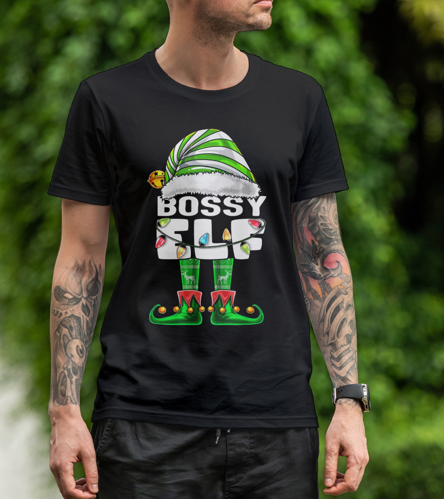 Bossy Elf Christmas Family Matching With Hat And Lights T-Shirt
