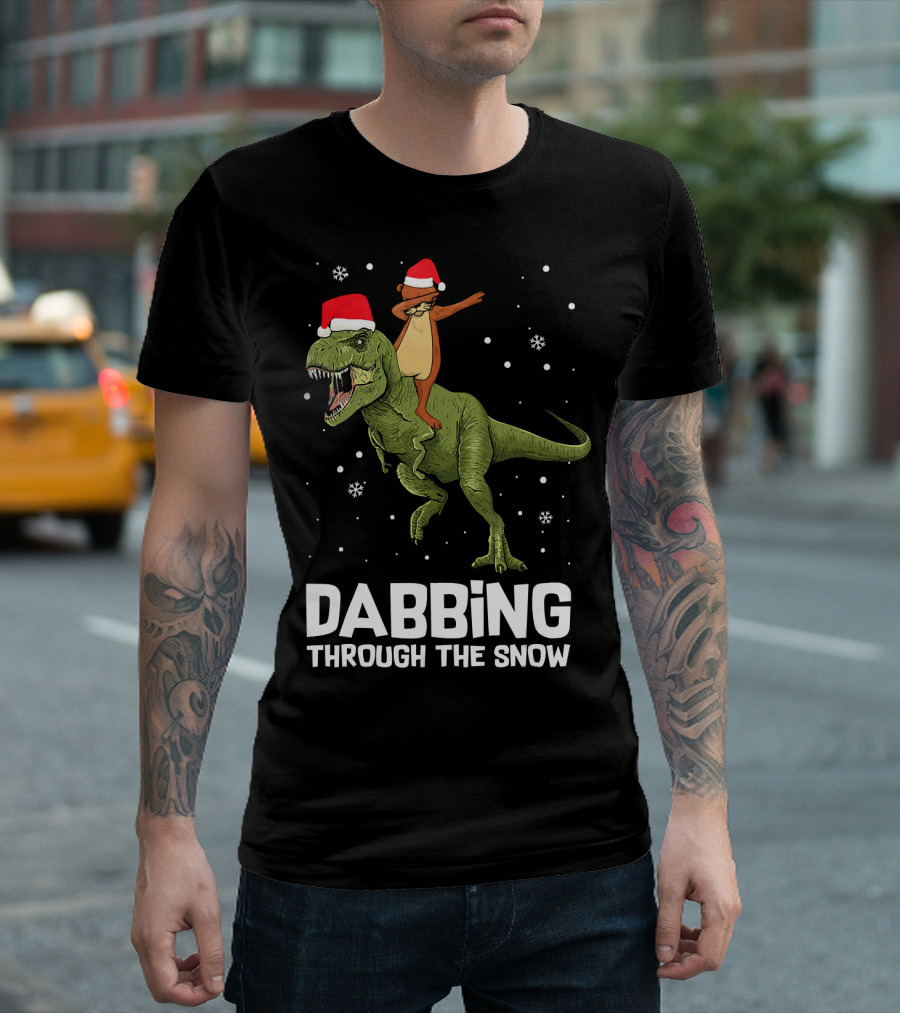 Dabbing Through the Snow Otter Rides Dinosaur Santa Hats T-Shirt