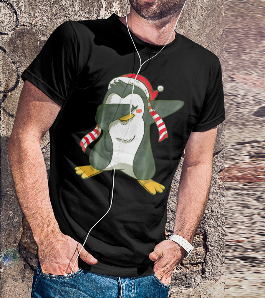 Dabbing Penguin In Santa Hat With Striped Scarf T-Shirt