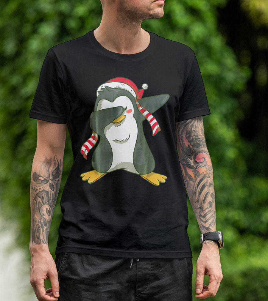 Dabbing Penguin In Santa Hat With Striped Scarf T-Shirt