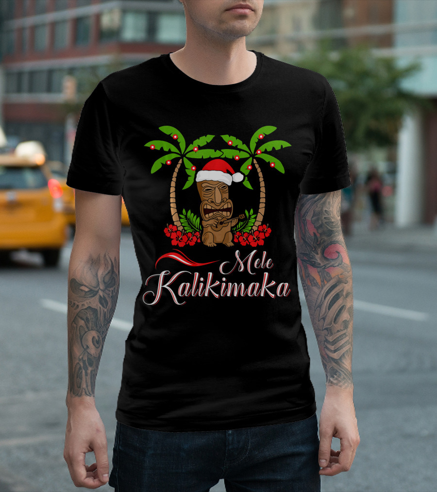Mele Kalikimaka Tiki Santa With Palm Trees And Ukulele T-Shirt