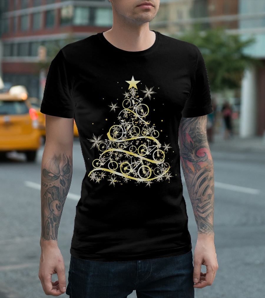 Bicycle Tree Christmas Biker Bike Festive Holiday Star T-Shirt
