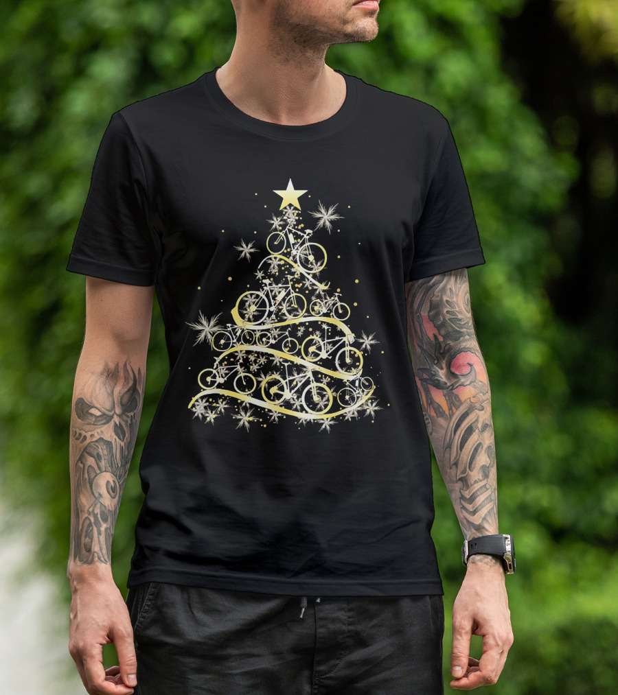 Bicycle Tree Christmas Biker Bike Festive Holiday Star T-Shirt