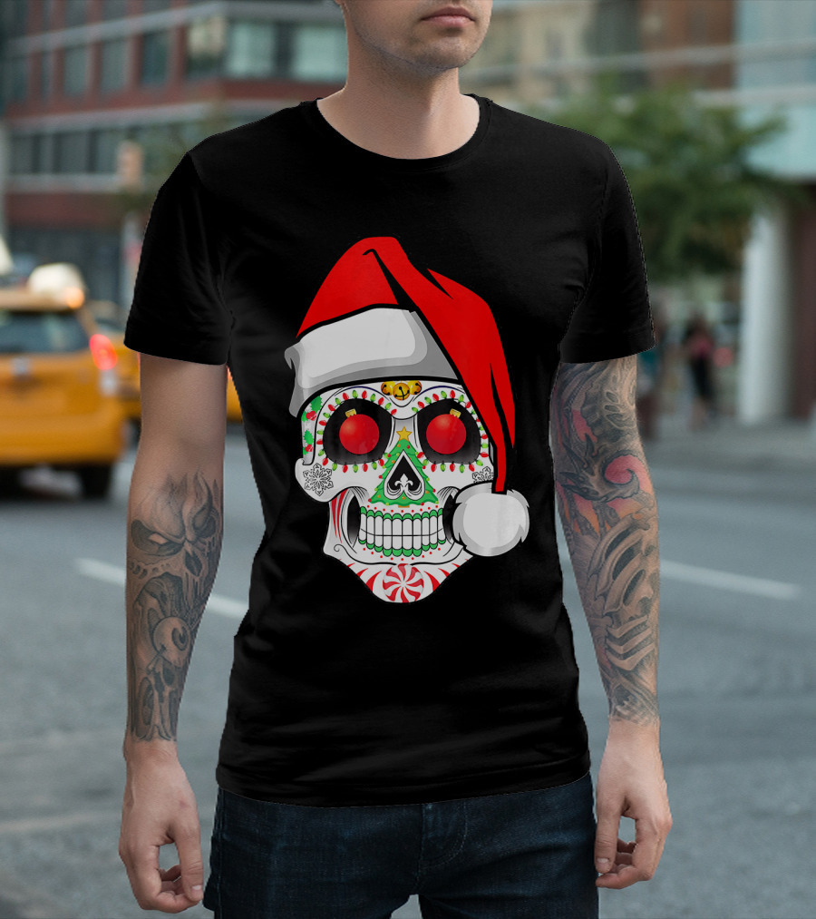 Jingle Jangle Christmas Sugar Skull Santa Hat Peppermint T-Shirt